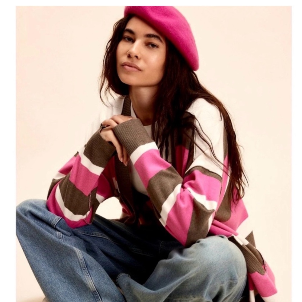 Free People League of Her Own Brown and Pink Oversized Cardigan